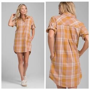 Prana Deryn Popover Plaid Shirt Dress Mustard & Roses Clay XS